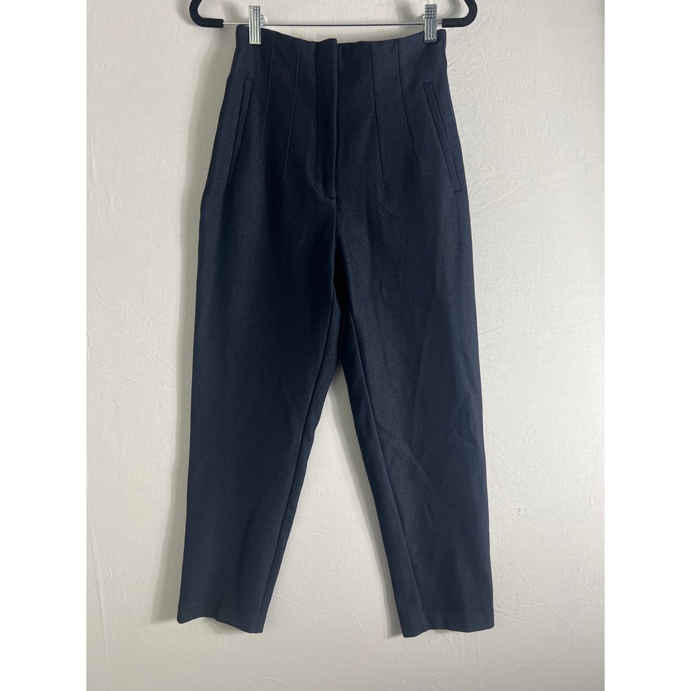 Zara Womens High Waisted Dress Pants Navy Blue Tapered Cropped Darted Trousers S